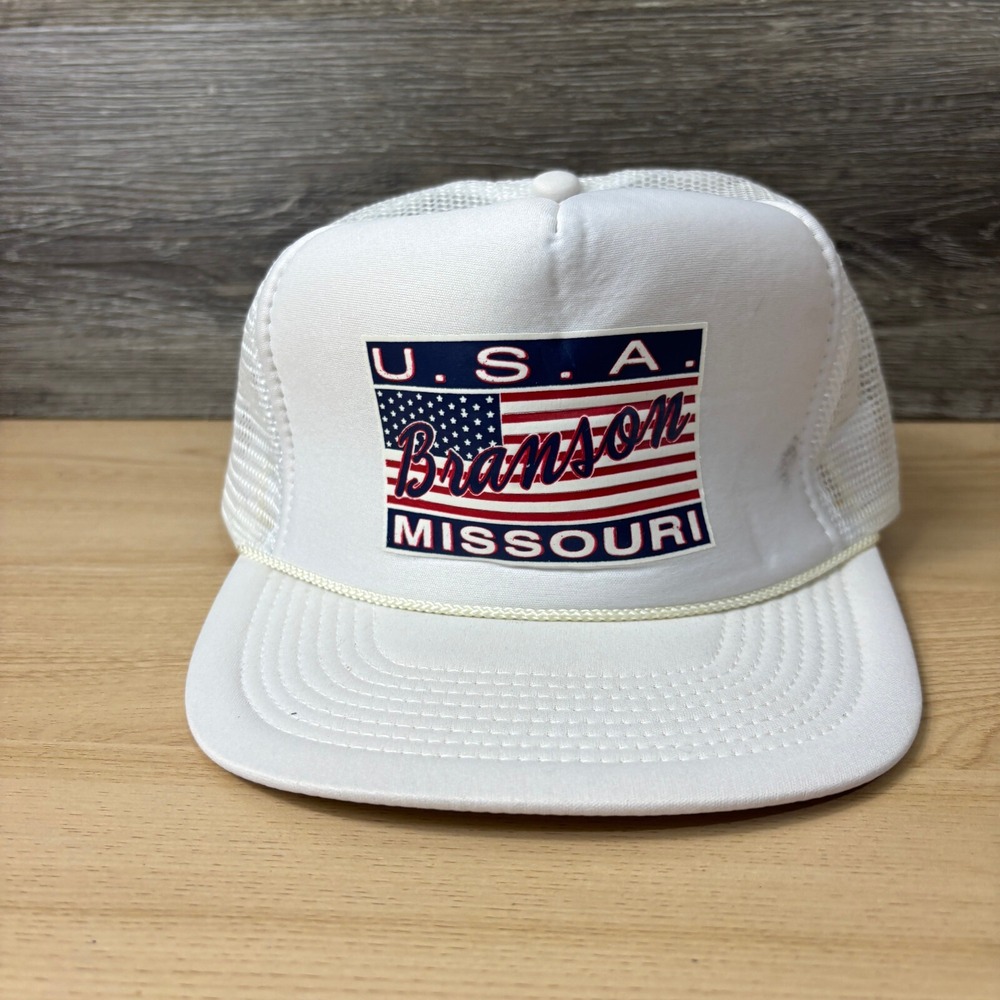 Vintage Missouri Hat Cap‎ Snapback White Rope Trucker Branson USA Flag Outdoors